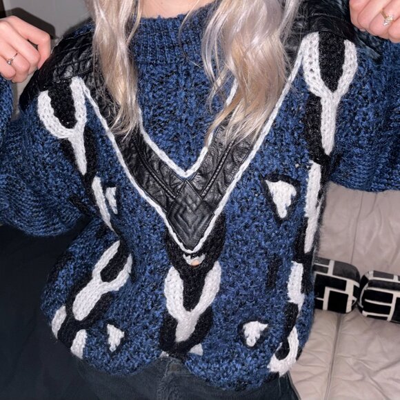 Vintage Nino Foriero Knit Sweater with Leather V Sz S - Picture 1 of 10